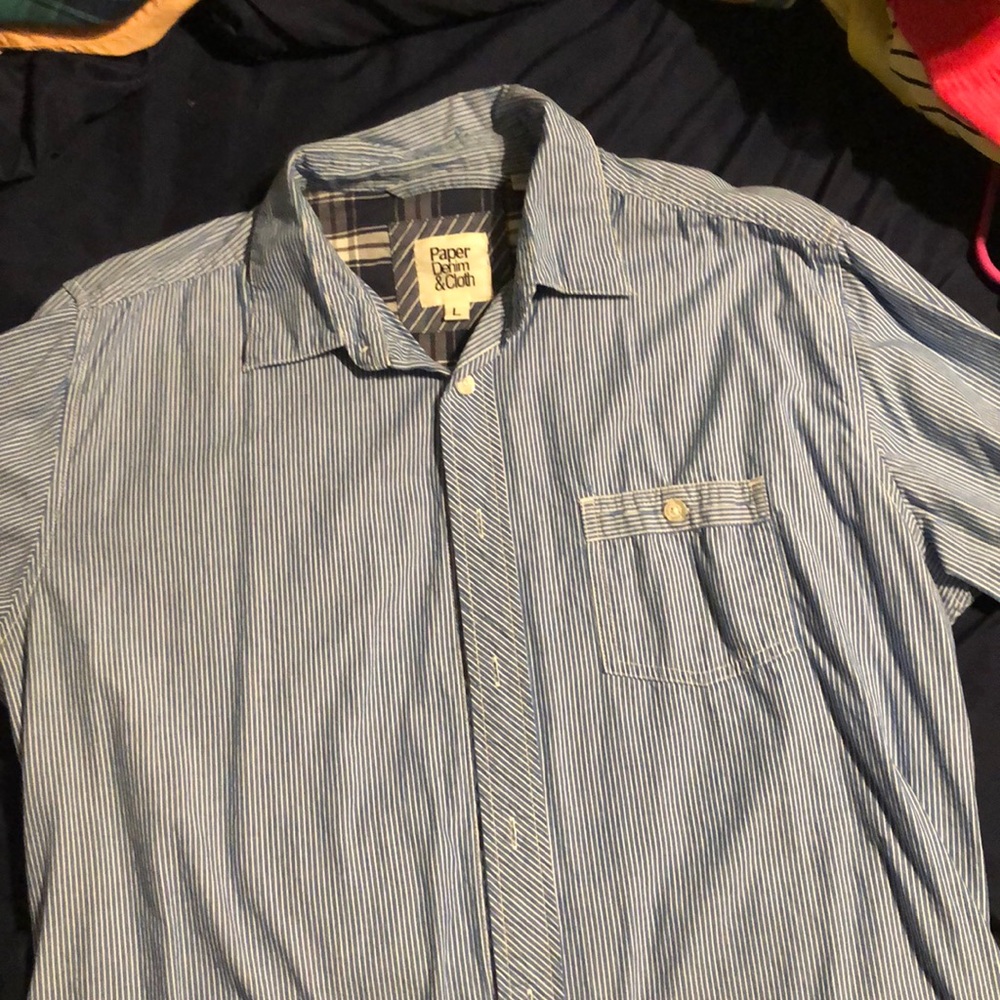 Blue and white striped dress shirt.